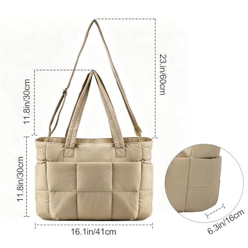 Puffer Tote Bag for Women, Quilted Multi-Pocket Lightweight Shoulder Bag for Work, Travel, Gym - color: Khaki