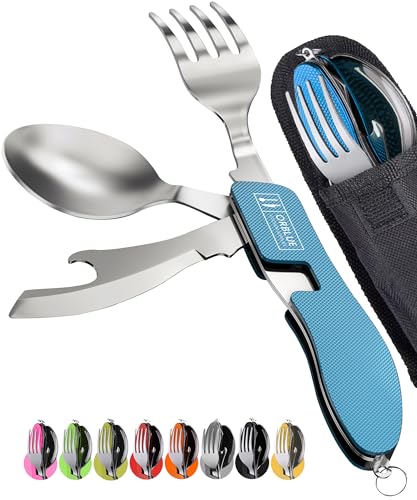Orblue 4-in-1 Camping Eating Utensils, 2-Pack - Portable Spoon, Fork, Knife & Bottle Opener Combo Set - Stainless Steel Flatware with Detachable Fork - Travel, Backpacking Cutlery Multitool, Blue - color: 2-PACK Ultramarine Blue