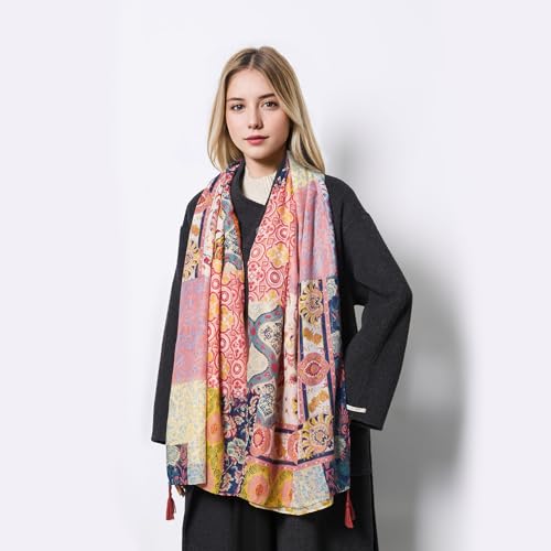 QIUTIMIY Scarf for Women Lightweight Soft Floral Leopard Printed Scarves Fall Winter Fashion Shawl Wrap with Fringe - color: Flower-yellow Blue