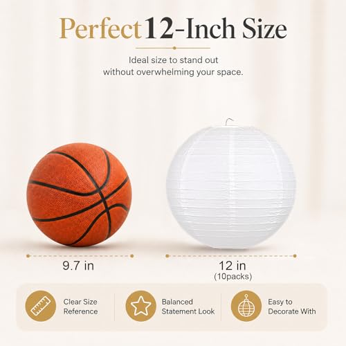 LIHAO 12 Inch White Round Paper Lanterns (10 Pack) - size: 12 inches