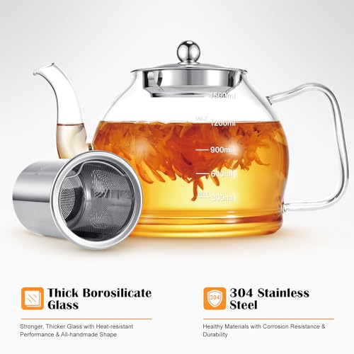 STNTUS Glass Teapot, 52 oz/1500 ml for Loose Tea, Teapot with Infusers for Loose Tea, Stainless Steel Strainer, Tea Pot for Stove - size: 1500ml/52oz