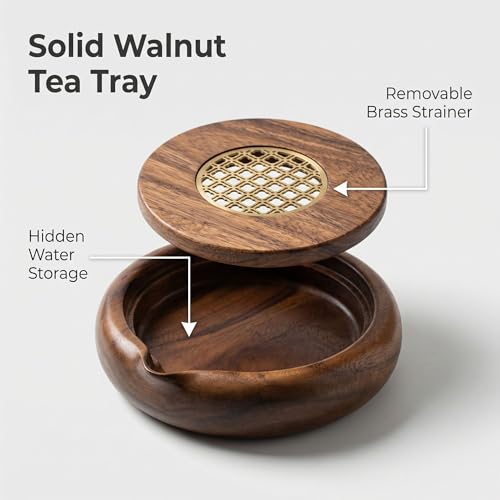Walnut Wood Tea Tray with Brass Grid Lid - Round Serving Tray for Gongfu Tea, Elegant Tea Service Board for Home & Office