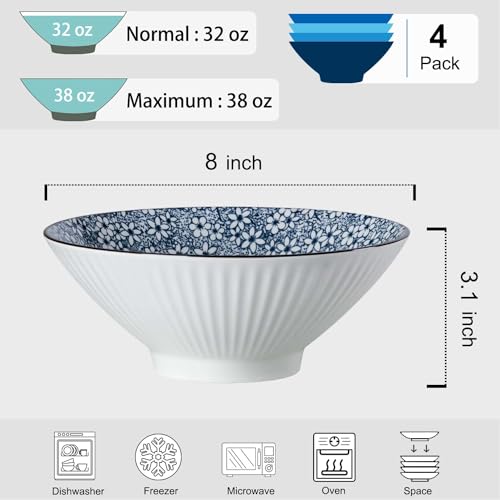 38 oz Japanese Ramen Bowls Set of 4, Large Pho Bowls, 8 Inch Ceramic Blue and White Soup Bowls, Floral Pattern - color: Floral Pattern