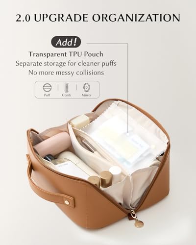 EACHY Travel Makeup Bag for Women, PU Leather Cosmetic Bag, Brown, Medium - color: F - Brown, size: Medium