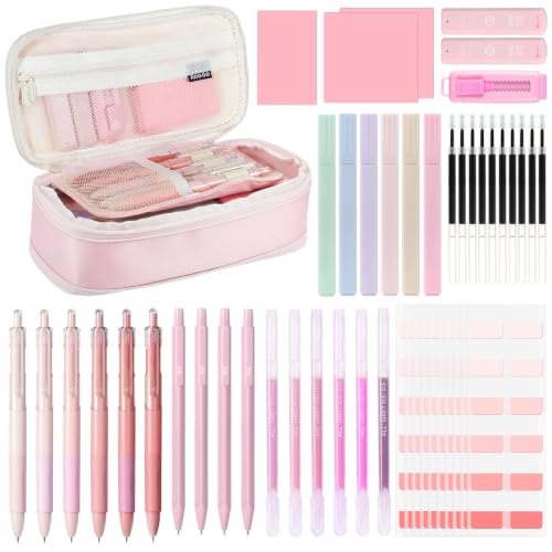 MoKo Pencil Case with Supplies, 49Pcs Aesthetic School Set, Pink - color: Pink-49P