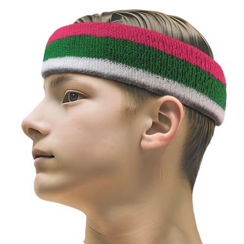 COUVER 3 Color Striped Sports Sweatband Set - color: Bright Pink/Bright Green/White
