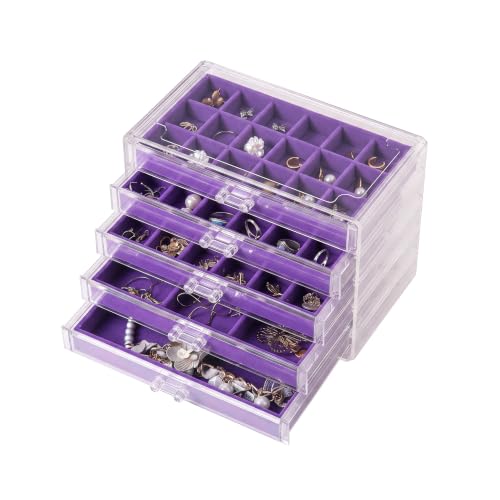 Frebeauty Acrylic Jewelry Box for Earrings,Jewelry Organizer with 5 Drawers - color: Purple