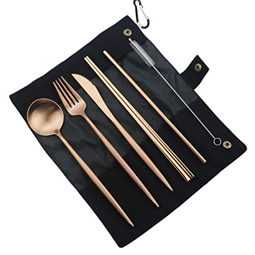 Luxury Rose Gold Matte Portable 18/10 Stainless Steel Travel Flatware Sets of 7 Portable Camping Cutlery Set, Healthy & Eco-Friendly Flatware Set with Carrying Case for Travel or Camping - color: Rose Gold, size: Black Pouch