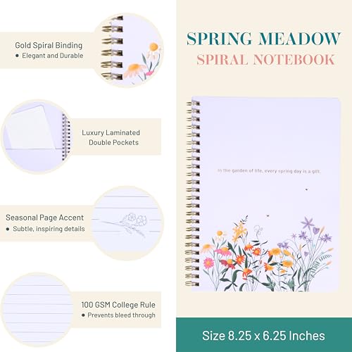 Happy Hoos® Aesthetic Spiral Notebook - 6.25" x 8.25" College Ruled Journal Notebook - Hard Cover Writing Journal for Work, School, Travel, More - Floral Notebook 8 Seasonal Designs (Spring Meadow) - color: Spring Meadow