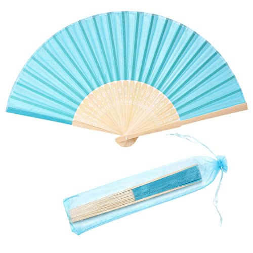 24pcs Imitated Silk Hand Fan Imitated Silk Fabric Bamboo Handheld Folded Fan Bridal Dancing Props Church Wedding Party Favors with Organza Bags (Aqua Blue) - color: Aqua Blue