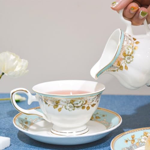 Bone China Tea Set, 21-Pieces Porcelain Tea Set for Adults, Tea Cups And Saucers for 6, with Teapot, Spoons, Sugar Bowl, Creamer Pitcher, Vintage Tea Set for Women Tea Party (Green) - color: Green