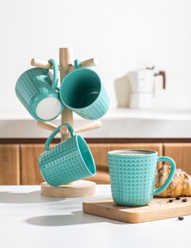 15 oz Ceramic Coffee Mugs Set of 4, Waffle Embossed Coffee Mug, Turquoise - color: Turquoise-4PCS