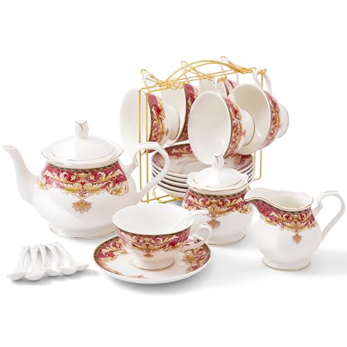DUJUST 22 pcs Royal Vintage Porcelain Tea Set for 6, Luxury British Tea Sets for Adults with Red Patterns & Golden Trim, Beautiful Floral Tea/Coffee Cup Set, Gift Package - Royal Treat for You - color: British Vintage