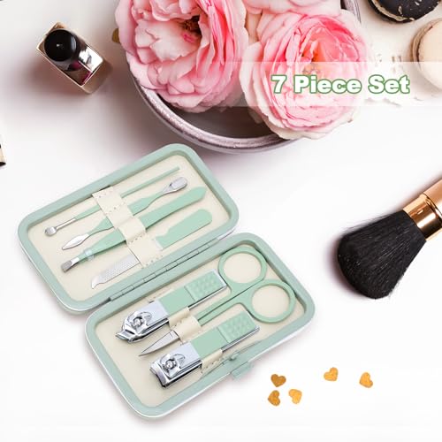 Manicure Set-Stainless Steel Nail Care Set-Professional 7 in 1 Ingrown Toenail Clipper Grooming Tool-Pedicure Kit & Toe Nail Cutter-Thick Nail Scissors Toiletries with Cuticle Trimmer (Green) - color: Green