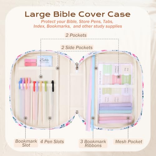 XKDOUS Bible Cover Case for Women Bible Bag Journaling Kit w/Study Supplies - color: Canvas Pink & Blue, size: Large