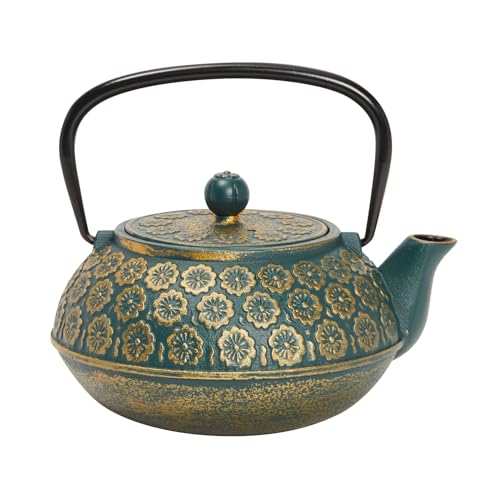 Juvale Cast Iron Tea Kettle with Infuser - 34 oz, Sage Green Floral - Loose Leaf Tea Infuser Pot & Japanese Cast Iron Teapot - color: Green, size: Medium