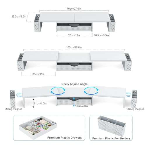 Spacrea Dual Monitor Stand Riser with Drawer and 2 Pen Holders - color: White