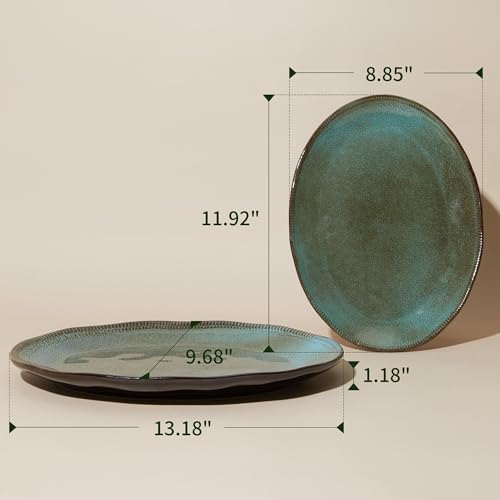 Pokini Stoneware Serving Platters, Oval 13.18/11.92 inch Serving Dishes for Entertaining, Ceramic Serving Trays for Party, Fruit, Turkey, Cheese, Trays for Serving Food, Microwave Safe, Brown Green