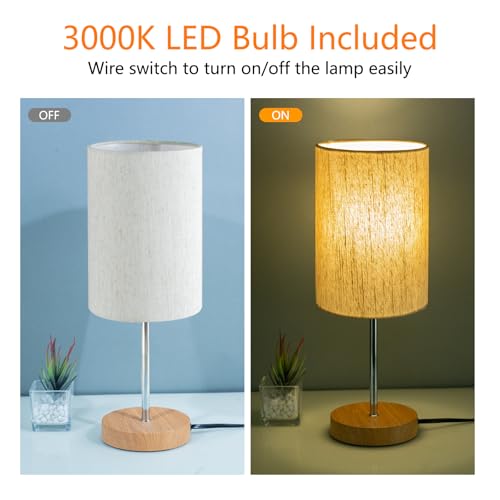 RISLG 2 Pack Small Table Lamps, Bedside Lamps for Nightstand with Wire Switch, Modern Minimalist Desk Lamp with Linen Fabric Shade for Dorm Kids Room Living Room Office Bedroom, Bulb Included-L - color: 2 Pack Beige-Wood, size: 15.4in