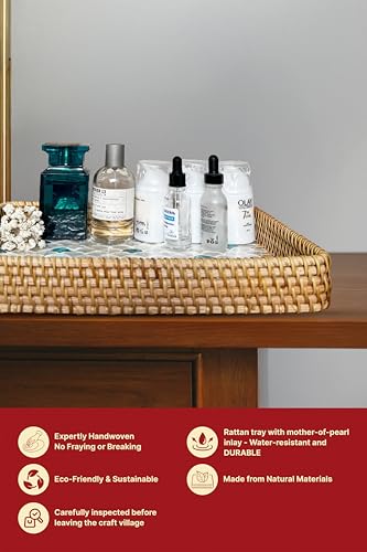 Rattan Rectangle Tray with Mother of Pearl Inlay, Unique Decorative and Serving Tray for Outdoor,Bathroom, Kitchen, Vanity, Perfume, or Coffee Table (Combo Fin 13"&11.8") - color: Combo Fin