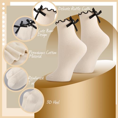 6 Pairs Womens Bow Socks, Ruffle Casual Crew Socks - color: White, Black, Off-white