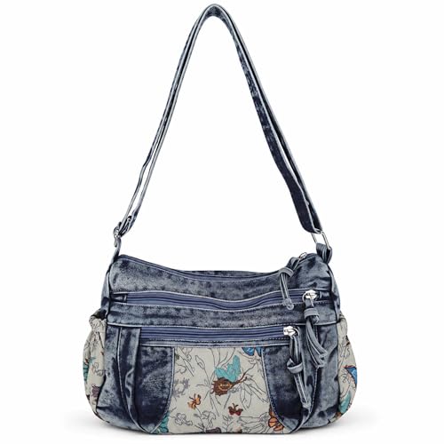 Black Denim Purse Crossbody Bags, Boho Hobo Crossbody Bags for Women, Casual Hippie Travel Purse with Lots of Pockets - color: Dark Blue