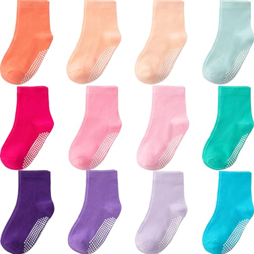 Aroveea Toddler Socks Non Slip Grip Baby Girls Kids Ankle Cute 12 Pack - color: Bright Rainbow-l, size: 6-12 Months