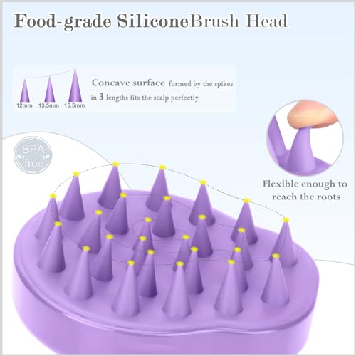 FREATECH Hair Scalp Massager Shampoo Brush with Soft Silicone Bristles for Scalp Care and Hair Growth, Shower Head Scalp Scrubber Exfoliator for Dandruff, Wet & Dry for Men, Women and Kids, Purple - color: Purple