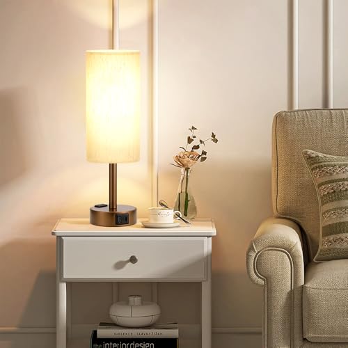 Fenmzee Brown Bedside Lamp for Bedroom, Dimmable Touch, USB A+C, AC Outlet - color: Cream - Brown, size: 14"
