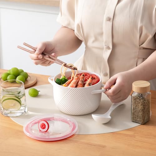 Ceramic Ramen Bowl with Lid, 32oz Microwave Safe, White - color: White