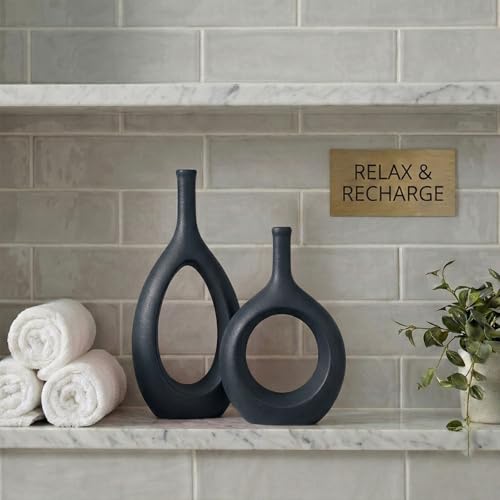 Black Ceramic Hollow Elliptical Vase Set of 2 - Boho Circle Vase with Hole, for Modern Black Table Decor, Living Room Decor Shelf mid Century Modern Home Entrance Decorative vase - color: Black
