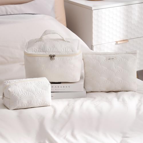 RSRSLEII 3Pcs Quilted Cotton Seashell Makeup Bag, Travel Toiletry Bag,White - color: 08 3Pcs White