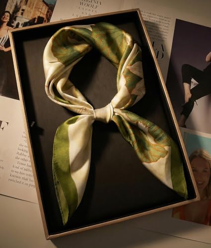 corciova Women’s Square Scarf 27.5 in (70 x 70 cm), Satin-Feel Polyester, Lightweight Fashion Scarf for Hair, Neck and Bag - color: Lotus Floral (Green and Ivory)