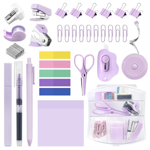 Mini Office Supply Kit, Mini Stapler with Staples and Tape Dispenser Set, Mini Stationary Kit Includes Sticky Notes Index Tabs Highlighters Gel Pens for Office & School Supplies (Purple) - color: Purple