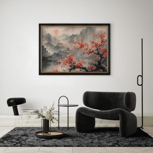 MUDECOR Premium Framed Wall Art Red Plum Blossom Chinese Ink Mountain Illustrations Impressionism Colorful for Living Room, Bedroom, Office - 26"x36" Black - color: B11-2606-EDW06, size: 36"L x 26"W, style: Black Frame