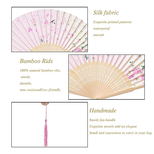 QIRMIZI 10 Pieces Handheld Fans, Silk Folding Fans, Floral Folding Fans for Birthday,Dancing, Cosplay, Weddings, Parties, and Events,Pink Blue - color: 07 Pink Blue