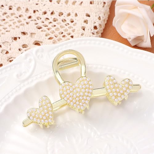 Pearls Heart Hair Clips Valentines Day Hair Accessories for Women Girls Pearl Gold Metal Hair Claw Clips Shiny Hearts Hairpins Strong Hold Hair Clip for Thick or Thin Hair Decoration 1 Pcs - color: A