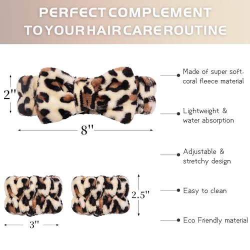 Ayesha Spa Headband and Wristband Set for Washing Face Skincare Makeup - color: leopard set