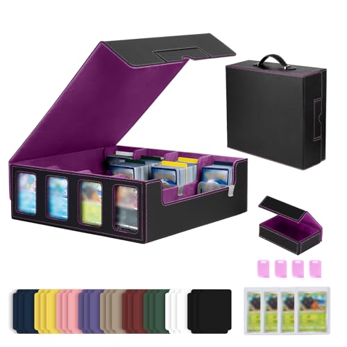 Trading Card Storage Box with Commander Display, 4-Row Deck Case with Removable Lid & Handle, 3000+ Card Organizer with 24 Colorful Dividers & 4 Stoppers for MTG, Black & Purple - color: Black & Purple, size: 3000+, with Handle
