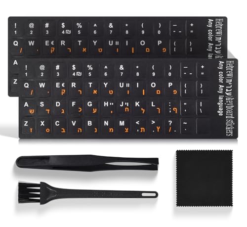 2PCS Hebrew Keyboard Stickers with Tweezer, Hebrew-English Replacement Keyboard Letters Black Background Orange Lettering for Laptops Notebooks PC Computer Desktop, Hebrew Keyboard Sticker - color: Hebrew Orange Letters