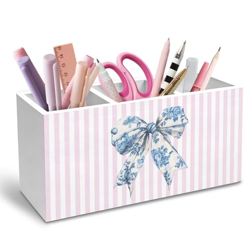 Chinoiserie Blue Bow Pen Holder for Desk, Preppy Pink Striped Pencil Organizer, Girly Bow Aesthetic Wooden Box Sign Desk Decor for Girls Bedroom Dorm Home Office Decoration - color: Blue Bow