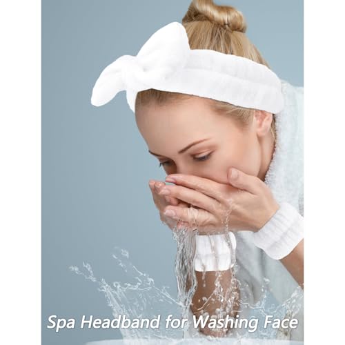 VELSCRUN Spa Headbands for Wash Face, Makeup Headband, Facial Skincare Headbands, 5 Pcs White Puffy Sponge Spa Headband Bow Tie Hair Band Hair Clips Wristband Set Women Girls Accessories - color: White