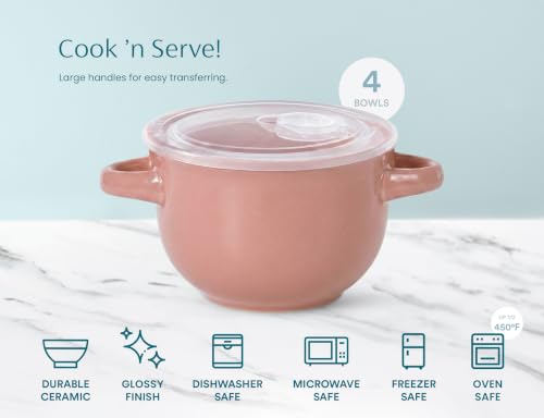 KooK French Onion Soup Crocks with Lids & Handles, Set of 4, Blush - color: Blush