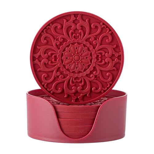Colinda Silicone Coasters - Set of 6 with Holder, Non-Slip Cup Mats for Hot and Cold Drinks, Decorative Designs, Gift Ready Packaging,Merlot Red - color: Merlot Red