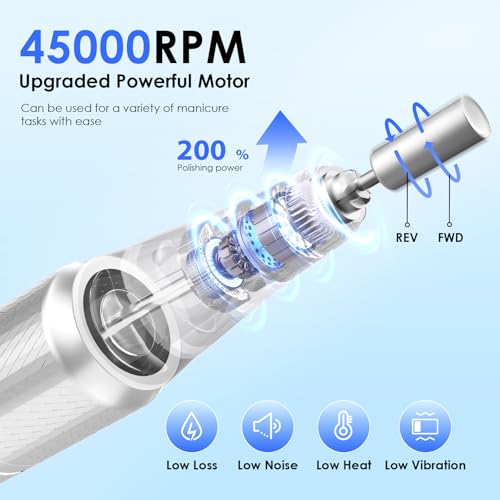 Professional Electric Nail Drill 45000RPM Cordless Nail File - color: White