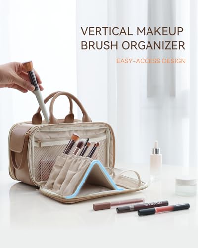 Prite Large Makeup Bag, Waterproof Travel Cosmetic Case with Brush Holder - color: Beige-Brown, size: Large
