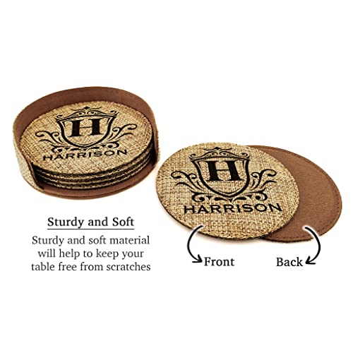 Smile Art Design Family Personalized Monogram COASTER Set of 6 with base Round Burlap Material Family Name Personalized Prints House warming Wedding Gift Dining Room Kitchen Rustic Decor Style4 - color: Style 04, size: Set of 6 - Round Coaster
