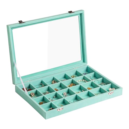 Frebeauty 24 Grid Earring Organizer,Velvet Jewelry Tray with Clear Lid - color: Turquoise, size: 24 Grid