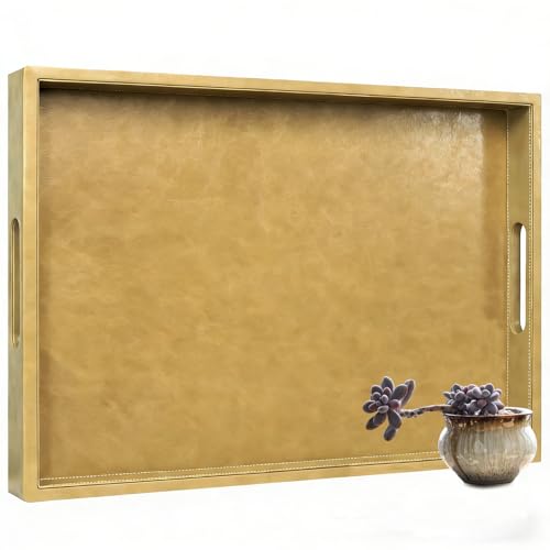 18 x 12 inches Leather Ottoman Serving Tray with Hole Handles, Rectangle Modern Service Tray for Living Room, Coffee Table, Bed, Tea, Food, Butler Countertop, Kitchen, Dinner, Picnic (Brown) - color: Brown, size: 18" x 12" x 2"