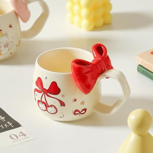 Cute Cherry Cat Ceramic Coffee Mugwith 3D Bow & Bow Spoon - color: B, size: Large
